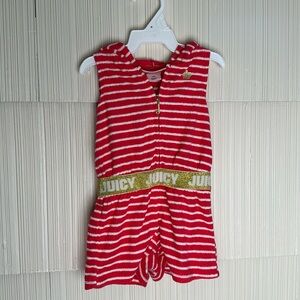 (5for$10) Juicy Couture Baby Romper- Red and White Striped with Hood/ 12m baby
